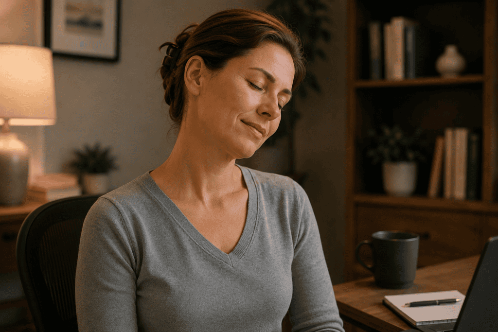 Person looking relaxed and relieved, moving their neck easily after their occipital headache has eased.