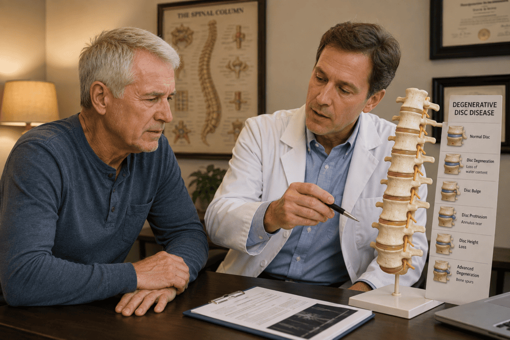 Patient in warm consultation with a physician reviewing the anatomy of degenerative disc disease using a spine model.