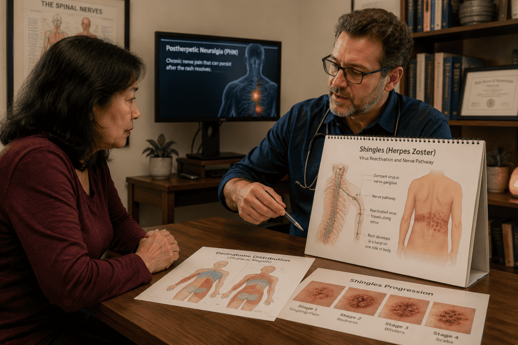 Patient in warm consultation with a physician reviewing the anatomy and progression of a shingles outbreak.