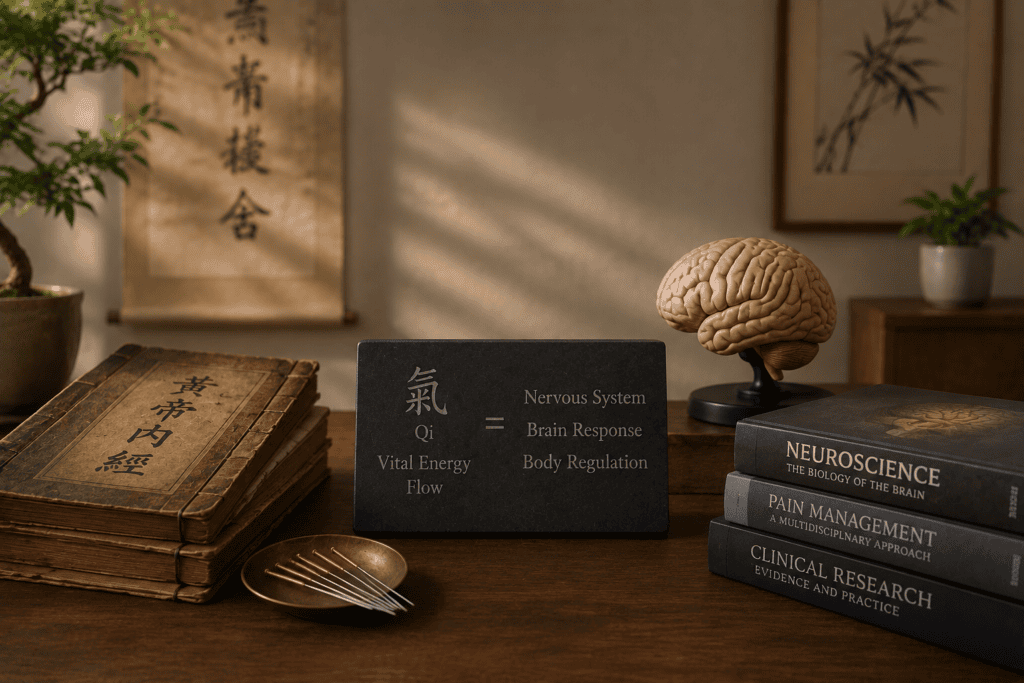Traditional Chinese medicine texts and acupuncture needles displayed beside a brain model and modern neuroscience books.