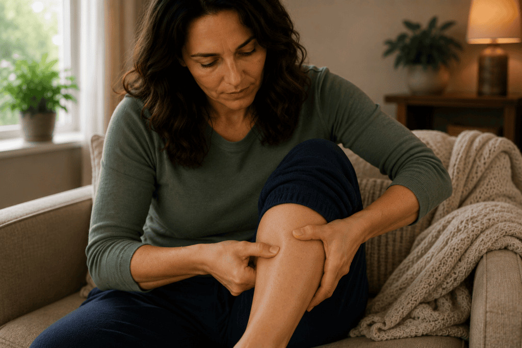 Woman at home pressing an acupressure point on her lower abdomen or inner leg to manage menstrual cramp discomfort.