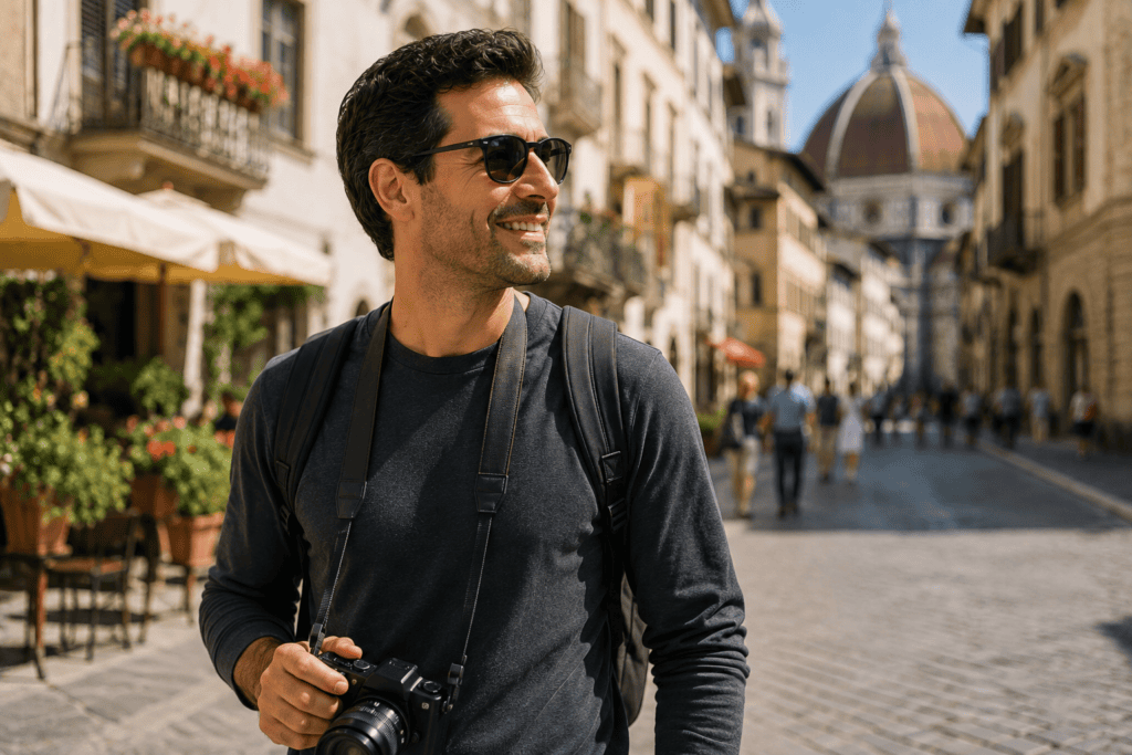 Refreshed traveler enjoying a new city in daylight, alert and at ease.