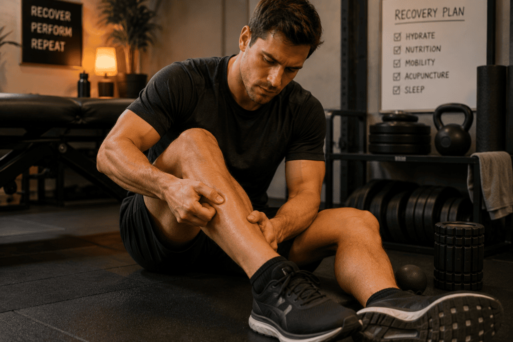 Generic professional athlete in athletic recovery attire practicing acupressure on the leg during a recovery session.