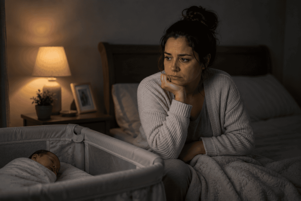 New mother sitting up awake at night, wired and exhausted, while her newborn sleeps nearby.