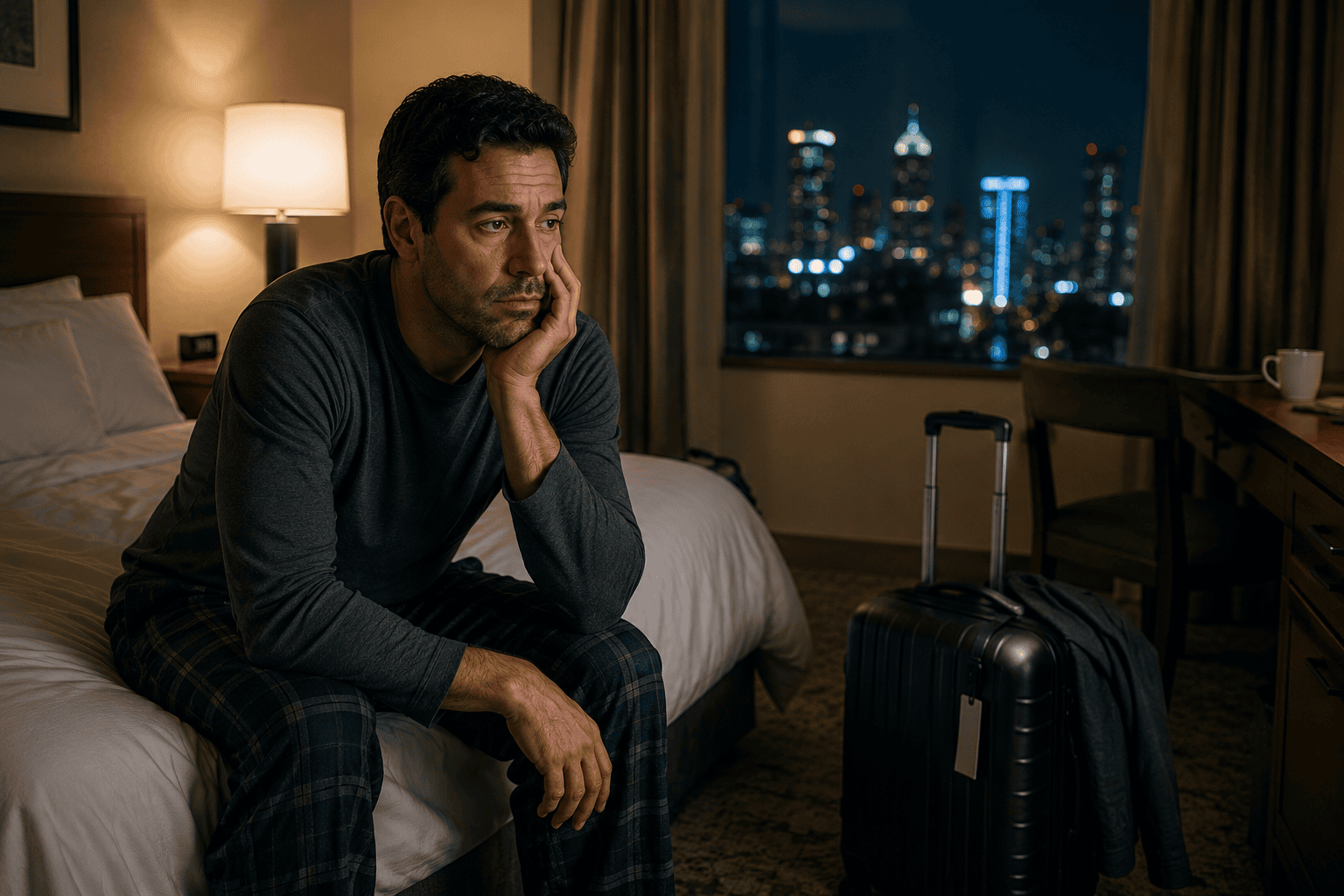 Tired traveler sitting on the edge of a hotel bed wide awake at an odd hour, suitcase nearby.