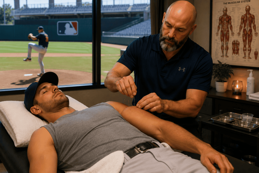 Generic professional baseball player, particularly a pitcher, receiving acupuncture treatment on the shoulder for repetitive strain recovery.