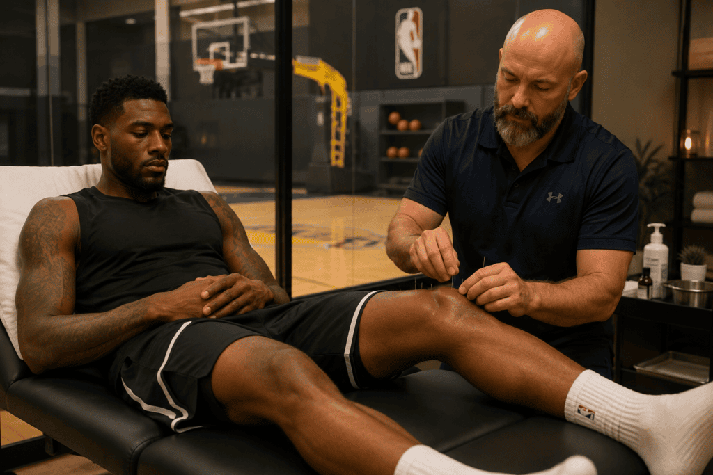 Generic professional basketball player in athletic recovery attire receiving acupuncture treatment on the knee during a recovery session.