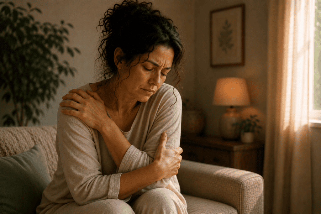 Woman sitting at home holding herself tightly as she works through the lingering physical and emotional effects of trauma.