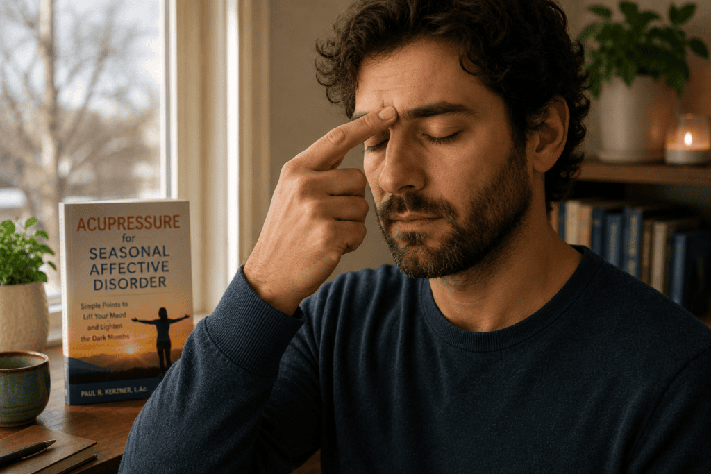 Person pressing the point between their eyebrows with eyes closed to lift a low winter mood.