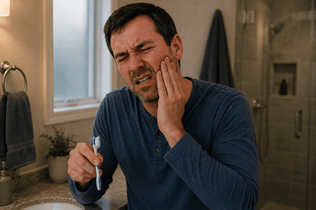 Man standing in a bathroom holding a toothbrush in one hand while pressing the left side of his face with the other, showing significant pain from a toothache.