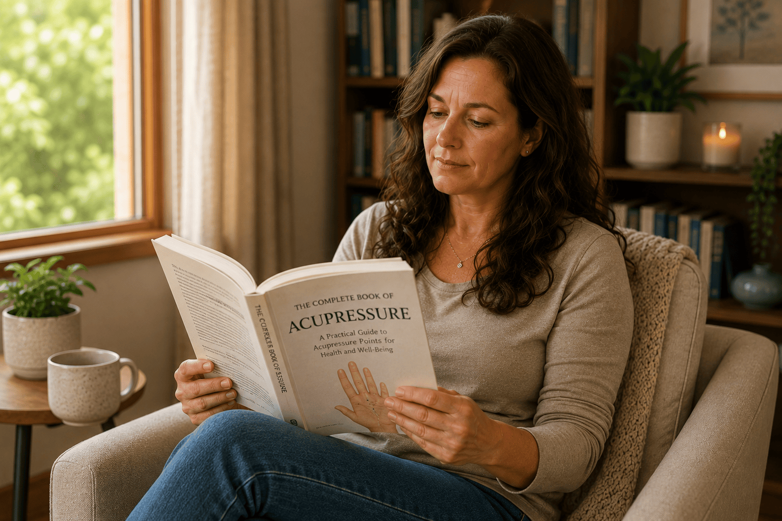 Person at home reading an acupressure book while pressing a point on their own hand, learning the practice from a written guide.