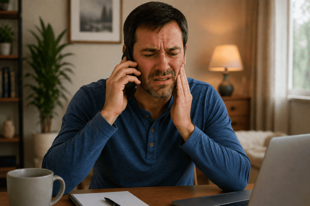 Person at home holding the side of the face with one hand while speaking on the phone to arrange urgent dental care for severe tooth pain.