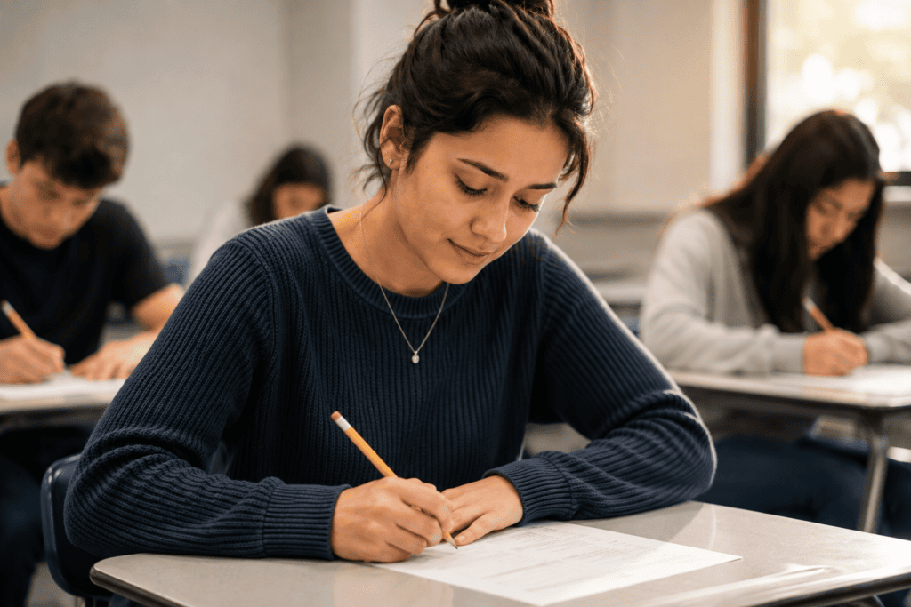 Student writing steadily and confidently on a test paper with a calm, focused expression.
