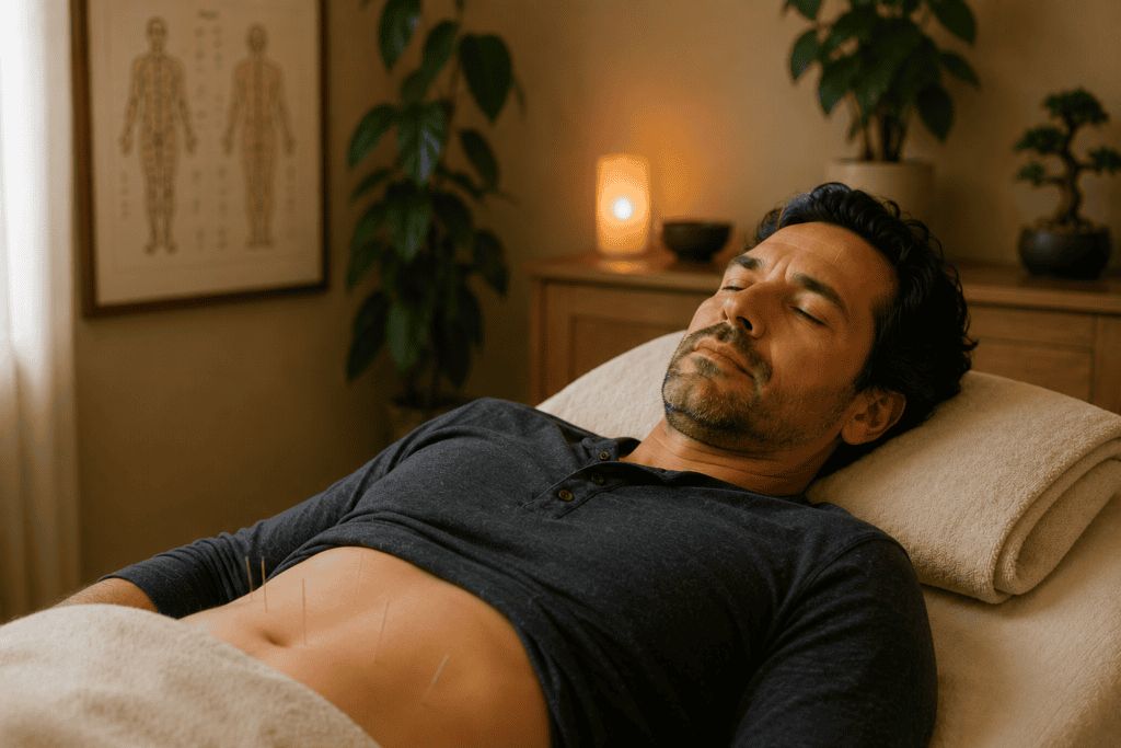 Person resting calmly during an acupuncture treatment for indigestion, eyes closed and relaxed.