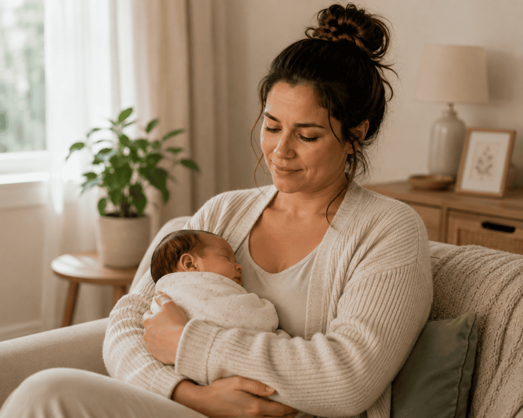 New mother sitting calmly and cradling her newborn, shoulders relaxed and expression settled and at ease.