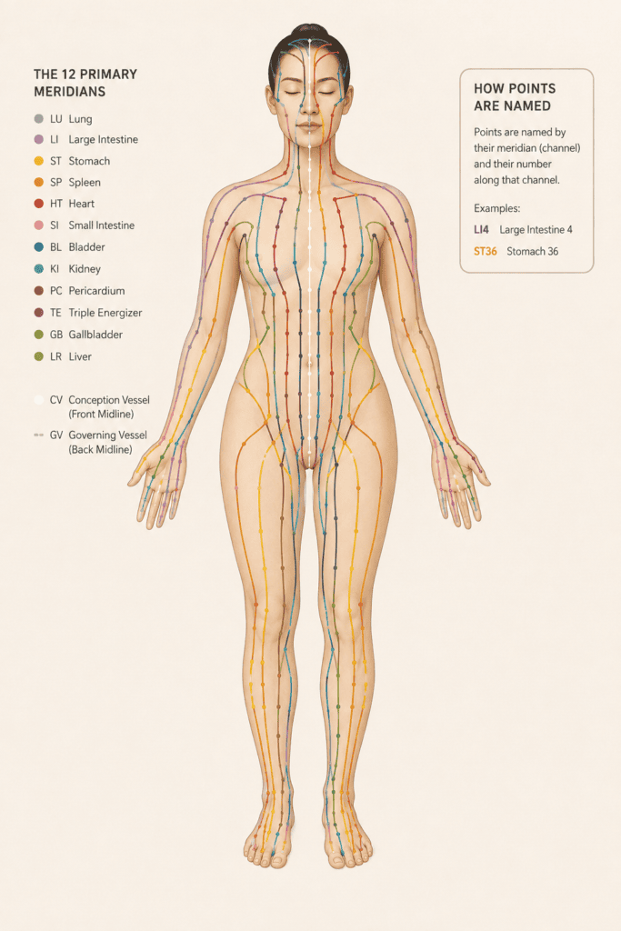 Simple full-body diagram showing the meridian channels running over the body.