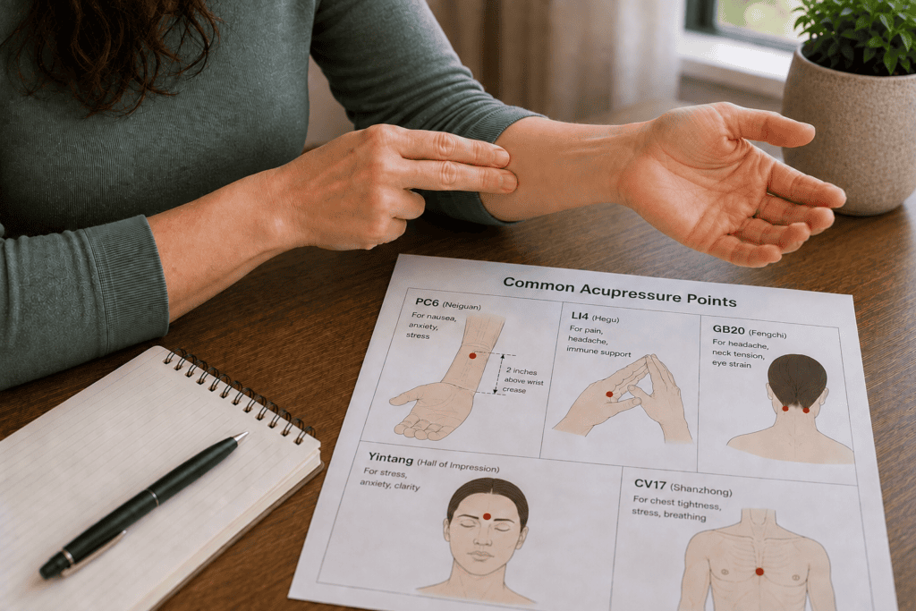 Person at their desk during a short break pressing an acupressure point on their hand as part of a daily practice routine.