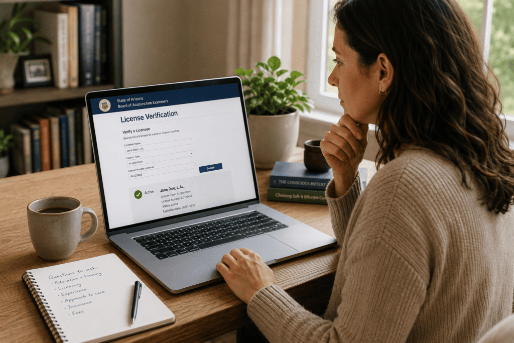 Person looking up a practitioner's licensing and certification status on a laptop before scheduling an appointment.