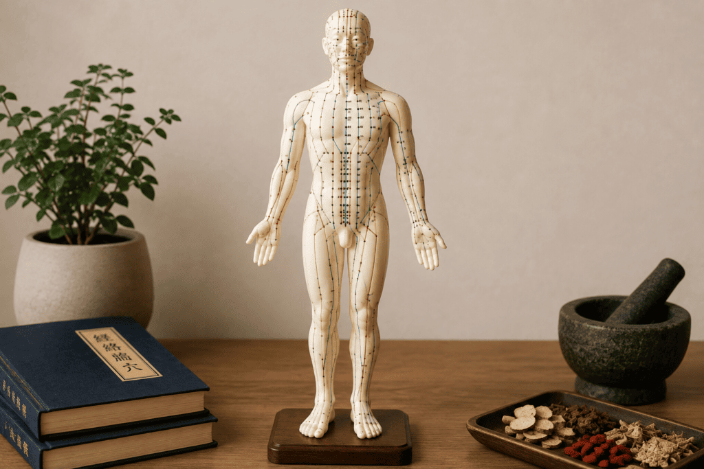 Traditional Chinese medicine meridian doll showing acupuncture and acupressure points connected by channel lines across the body.