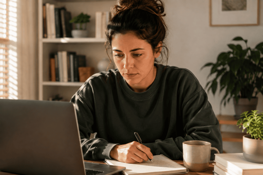 Person working with clear, absorbed focus and a calm, sharp expression, fully engaged in their task.