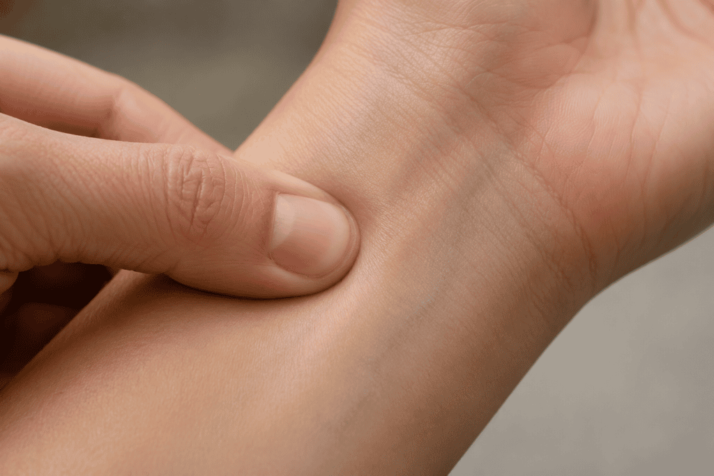 Close-up of a thumb applying firm sustained pressure to a point on the inner wrist, isolated against skin with no other objects in frame.