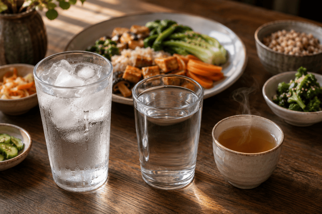 Glass of ice water beside room-temperature water and a warm cup of tea at a dining table.