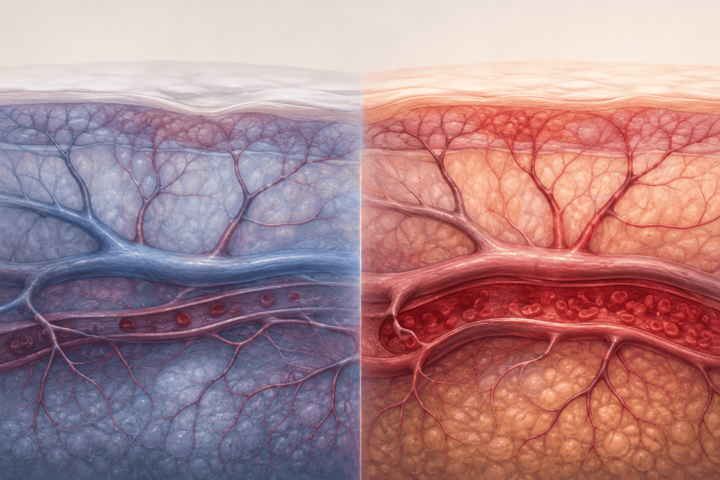 Medical illustration comparing narrowed blood vessels exposed to cold with more open vessels under comfortable warmth.