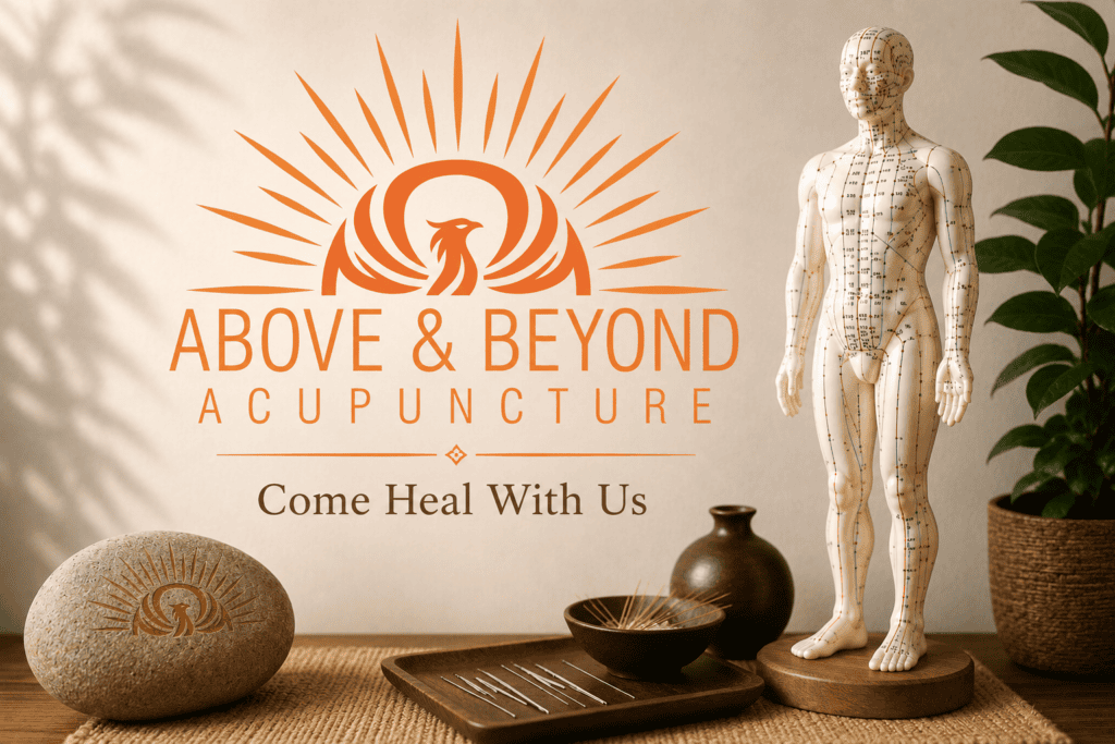 Above & Beyond Acupuncture logo beside a standing acupuncture meridian model in a warm, calming clinic setting.