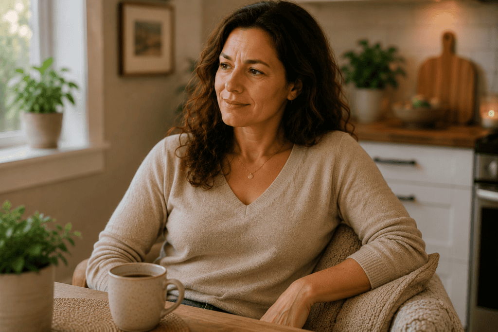Person sitting relaxed and comfortable at home after their indigestion has eased, looking settled and at ease.