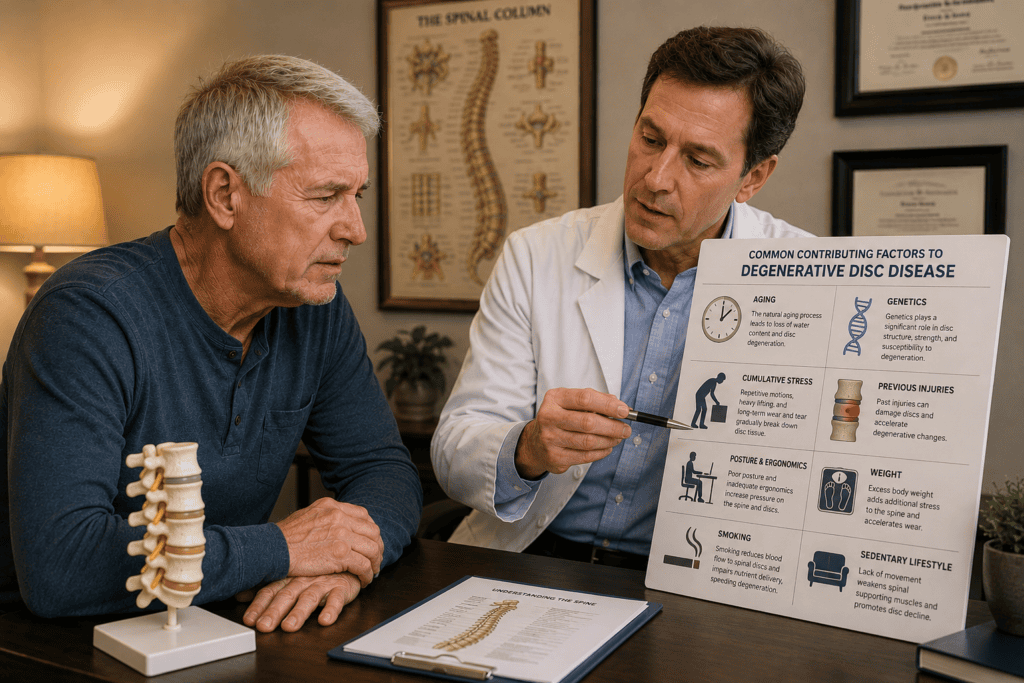 Patient reviewing common contributing factors to DDD including aging, genetics, posture, and lifestyle patterns.
