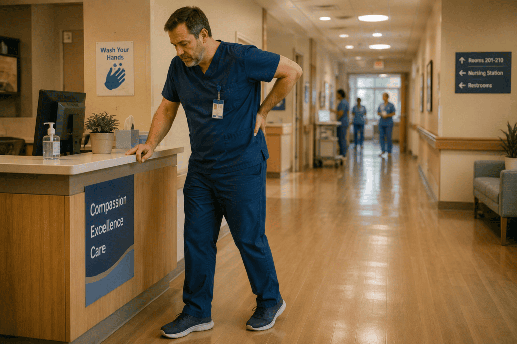 Person in prolonged standing occupation, illustrating one of the common contributing factors to plantar fasciitis.