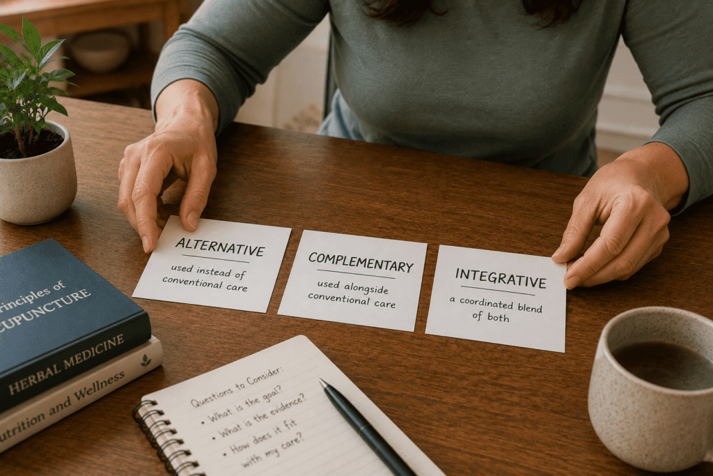 Person's hands arranging three labeled note cards reading alternative, complementary, and integrative to visually sort the distinct terms.
