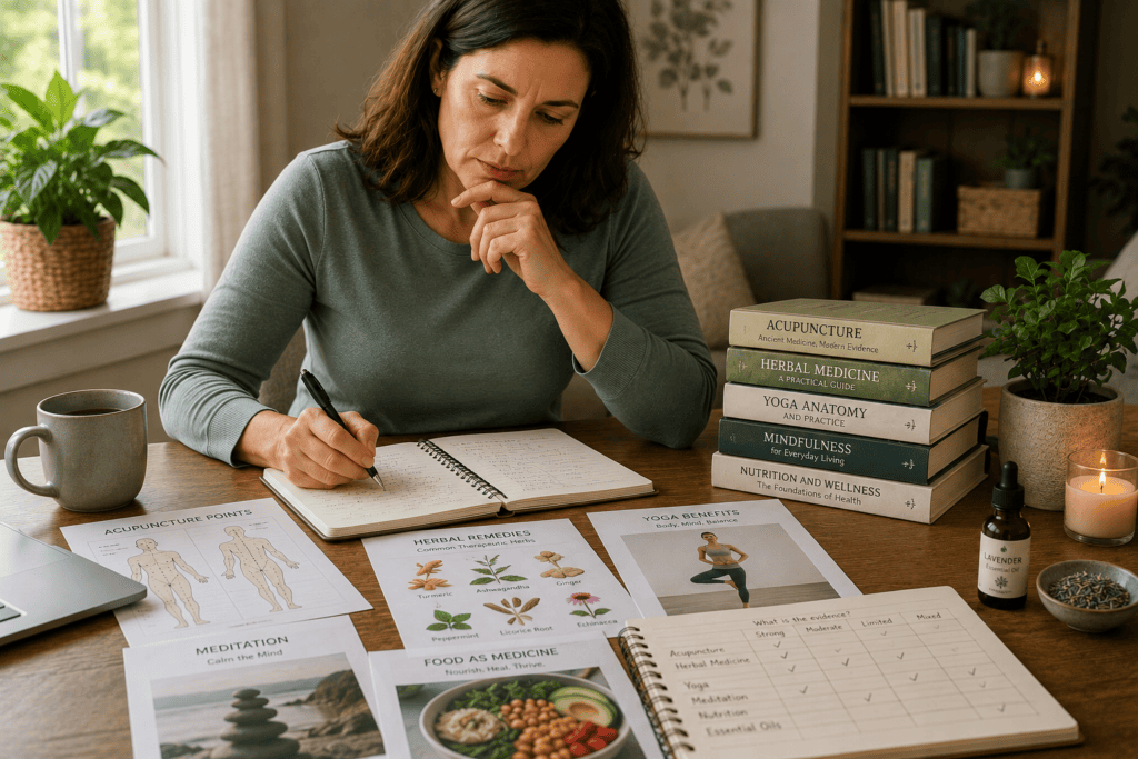 Woman at home comparing research and reference materials on acupuncture, herbal medicine, yoga, meditation, nutrition, and other alternative medicine approaches.