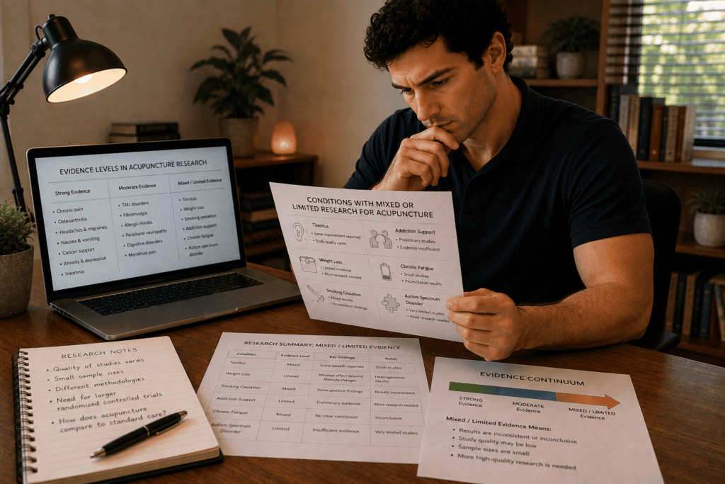 Licensed acupuncturist reviewing conditions with mixed research results for acupuncture treatment where more research is needed.