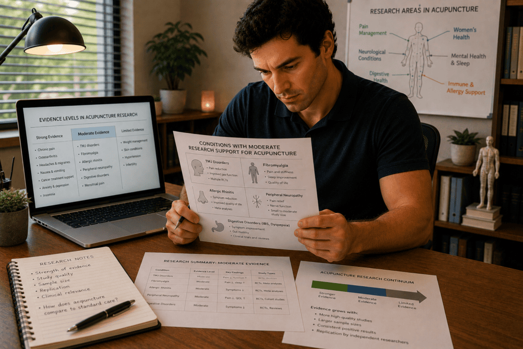 Licensed acupuncturist reviewing conditions with moderate research support for acupuncture including TMJ fibromyalgia and allergic rhinitis.