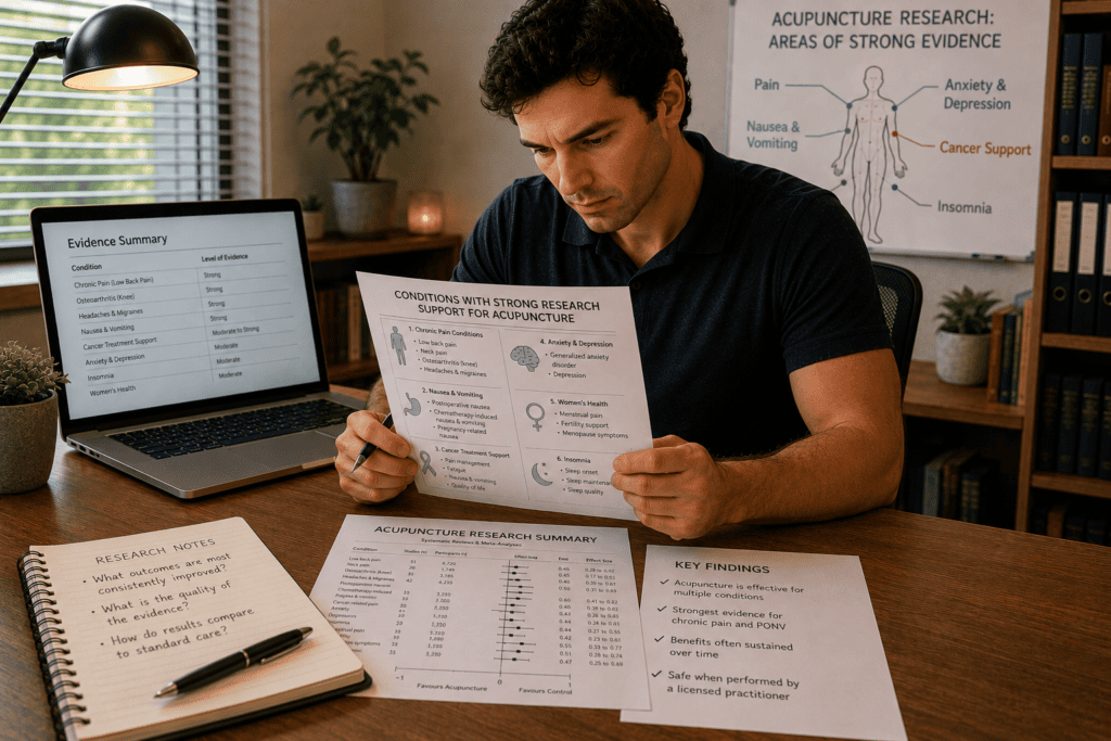 Licensed acupuncturist reviewing the conditions with strongest research support for acupuncture treatment including chronic pain nausea and anxiety.