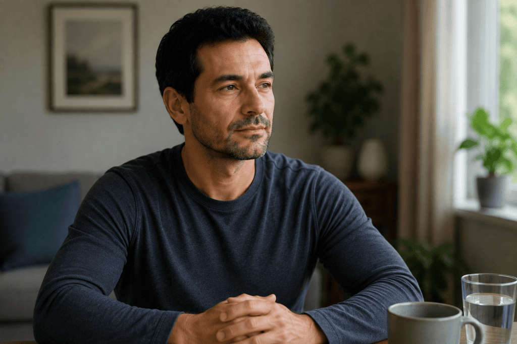 Person looking calm and composed after cooling down from anger, shoulders relaxed and expression settled.