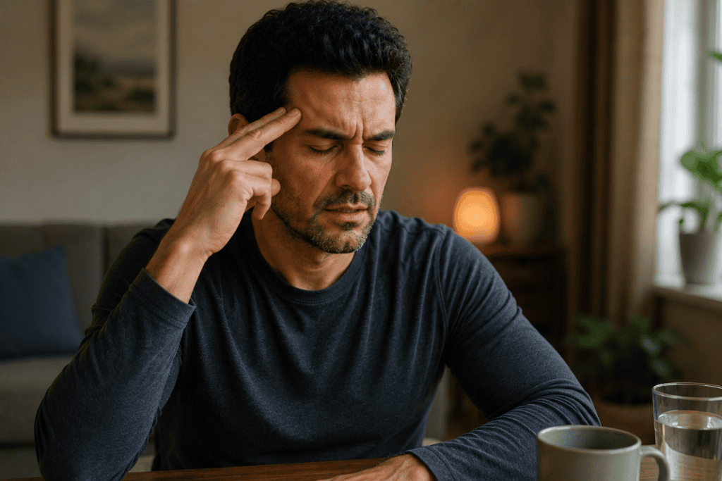 Person pressing an acupressure point with eyes closed, breathing slowly to cool down from anger.