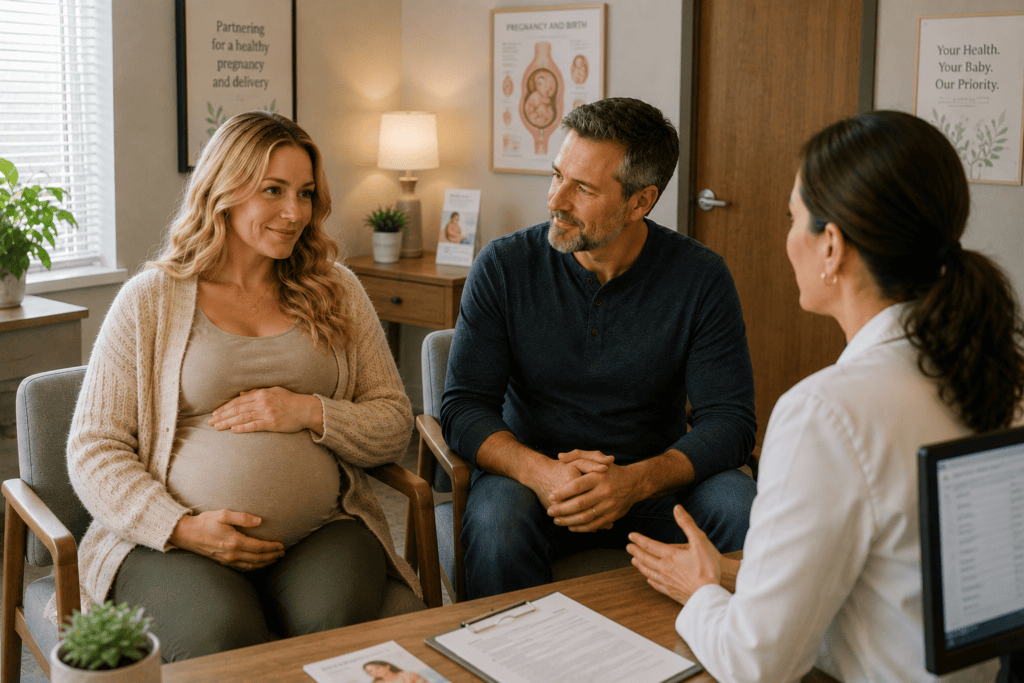 Pregnant woman at term and her husband meeting with an OB-GYN to discuss labor preparation and coordinated pregnancy care.