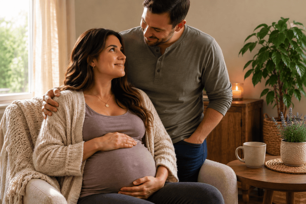 Pregnant woman at full term smiling up at her husband as he stands beside her with a reassuring hand on her shoulder while they prepare for labor together at home.