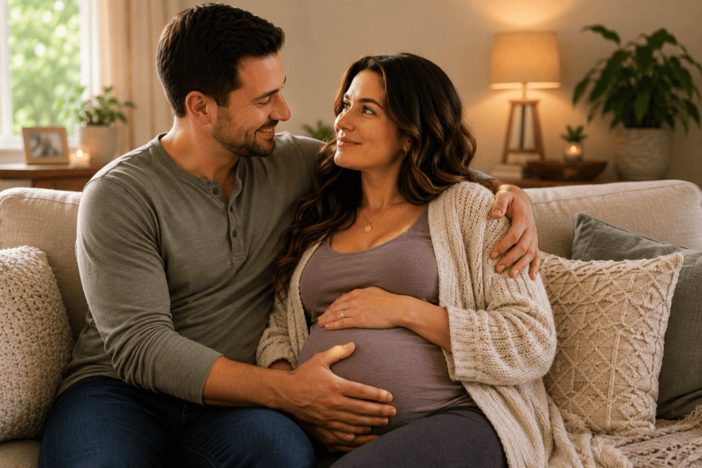 Full-term pregnant woman and her husband sitting together on a couch at home, embracing and smiling lovingly at one another while awaiting the arrival of their baby.