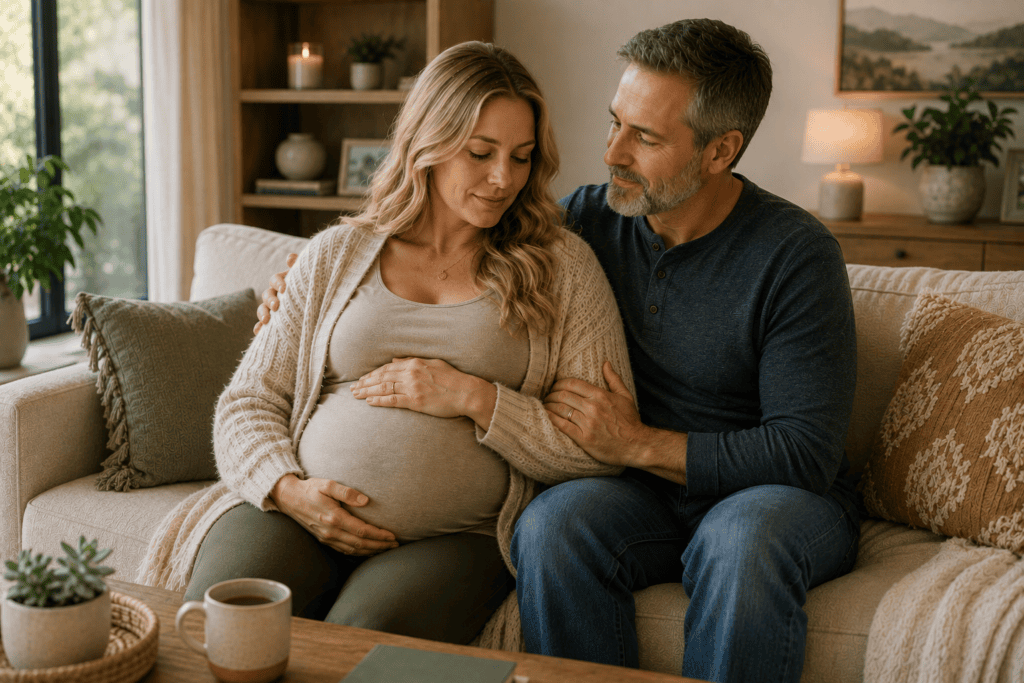 Pregnant woman at term sitting with her husband at home as they prepare for labor using acupressure and coordinated pregnancy care.