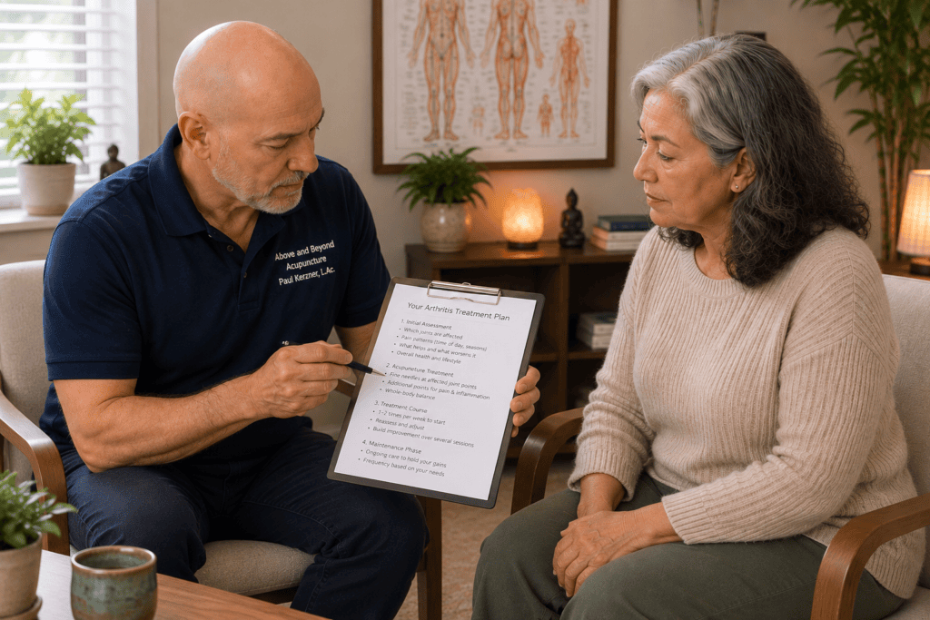 Licensed acupuncturist reviewing an arthritis treatment plan with an older woman during a consultation.