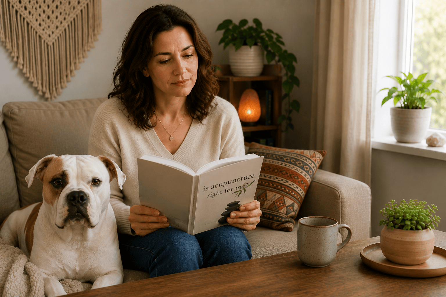 Person sitting thoughtfully at home considering whether to try acupuncture, calm and reflective.