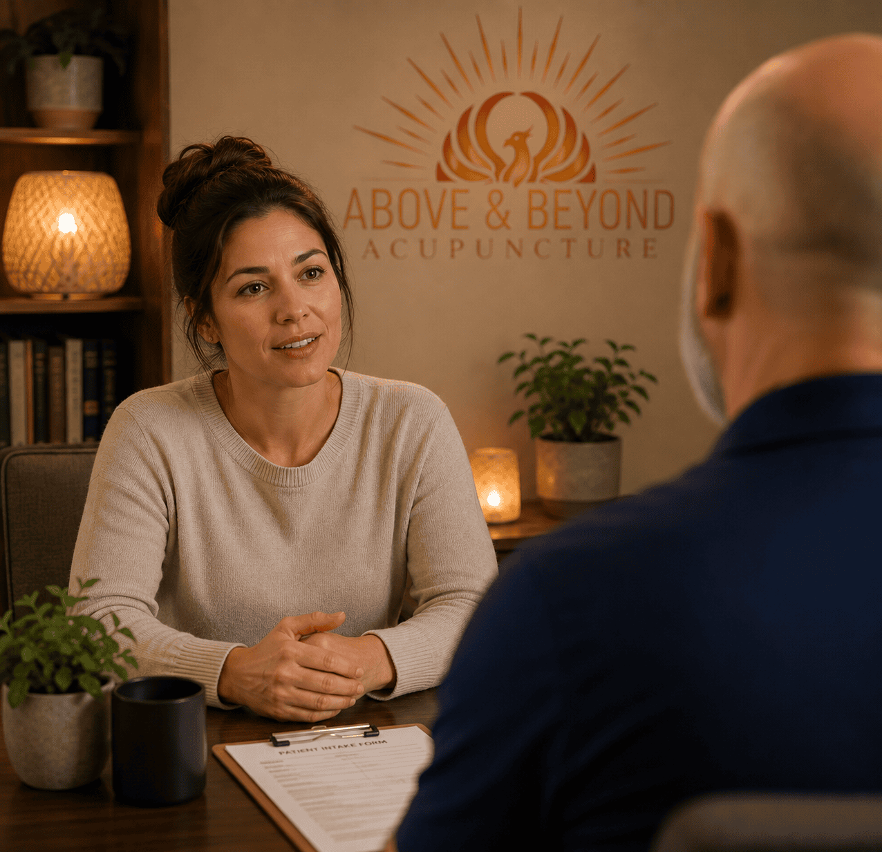 Woman talking with a licensed acupuncturist at Above and Beyond Acupuncture about anxiety, stress, and depression.