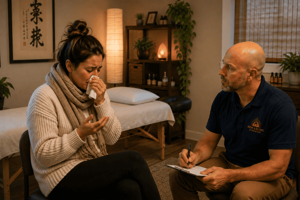 Woman with cold symptoms blowing her nose while discussing her health with a licensed acupuncturist in a treatment room.