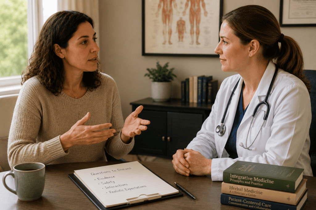 Patient talking with their physician about whether to try a specific alternative medicine approach alongside their current treatment plan.