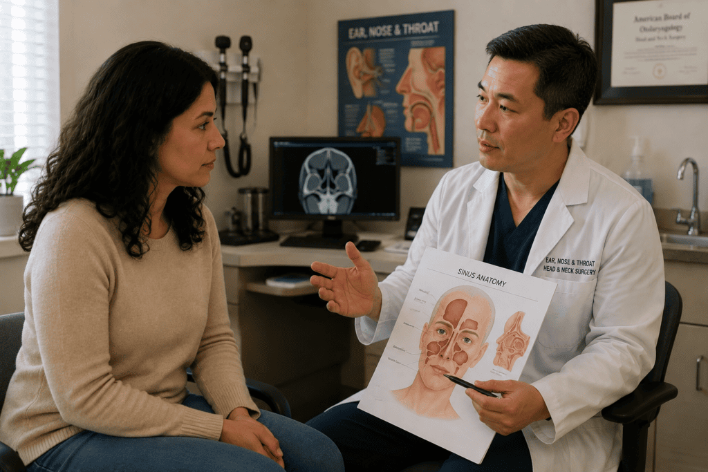 A woman in her 30s, 40s, or 50s consults with a male ear, nose, and throat (ENT) specialist about persistent chronic sinusitis symptoms. The physician reviews sinus anatomy and discusses possible underlying causes in a modern ENT clinic. Warm clinical lighting creates a welcoming environment. The image accompanies the Above and Beyond Acupuncture article “Can Acupuncture Treat Chronic Sinusitis?” Patients with chronic or complicated sinusitis may benefit from evaluation by an ENT specialist to assess structural abnormalities, nasal polyps, or other conditions while coordinating care alongside acupuncture and other conservative treatments.