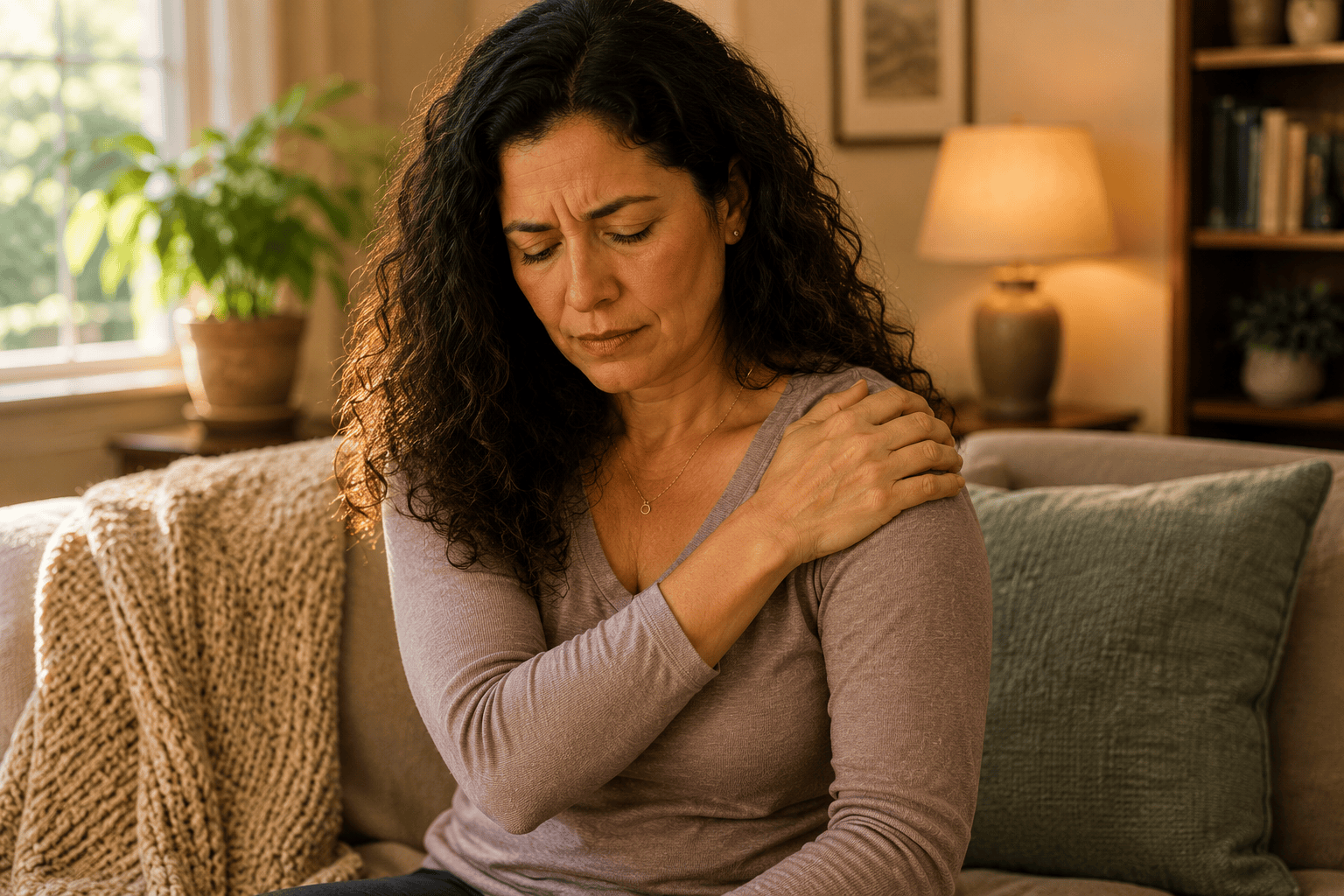 Person at home holding their stiff shoulder, managing the ache and limited movement of frozen shoulder.