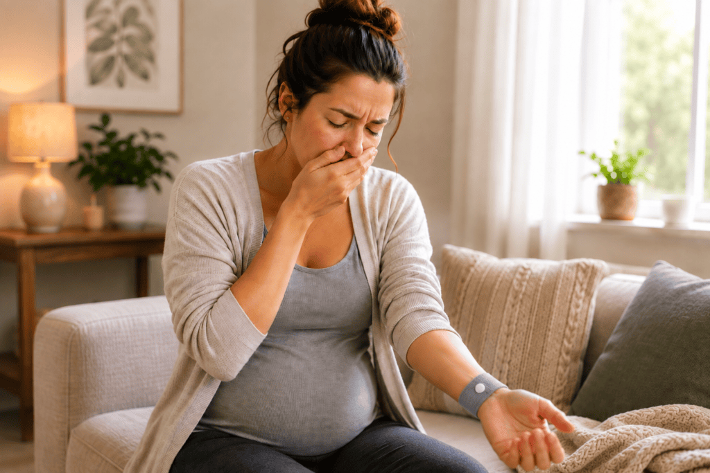 Pregnant woman in her first trimester preparing to press on the PC6 point on her inner forearm to ease a wave of morning sickness at home.